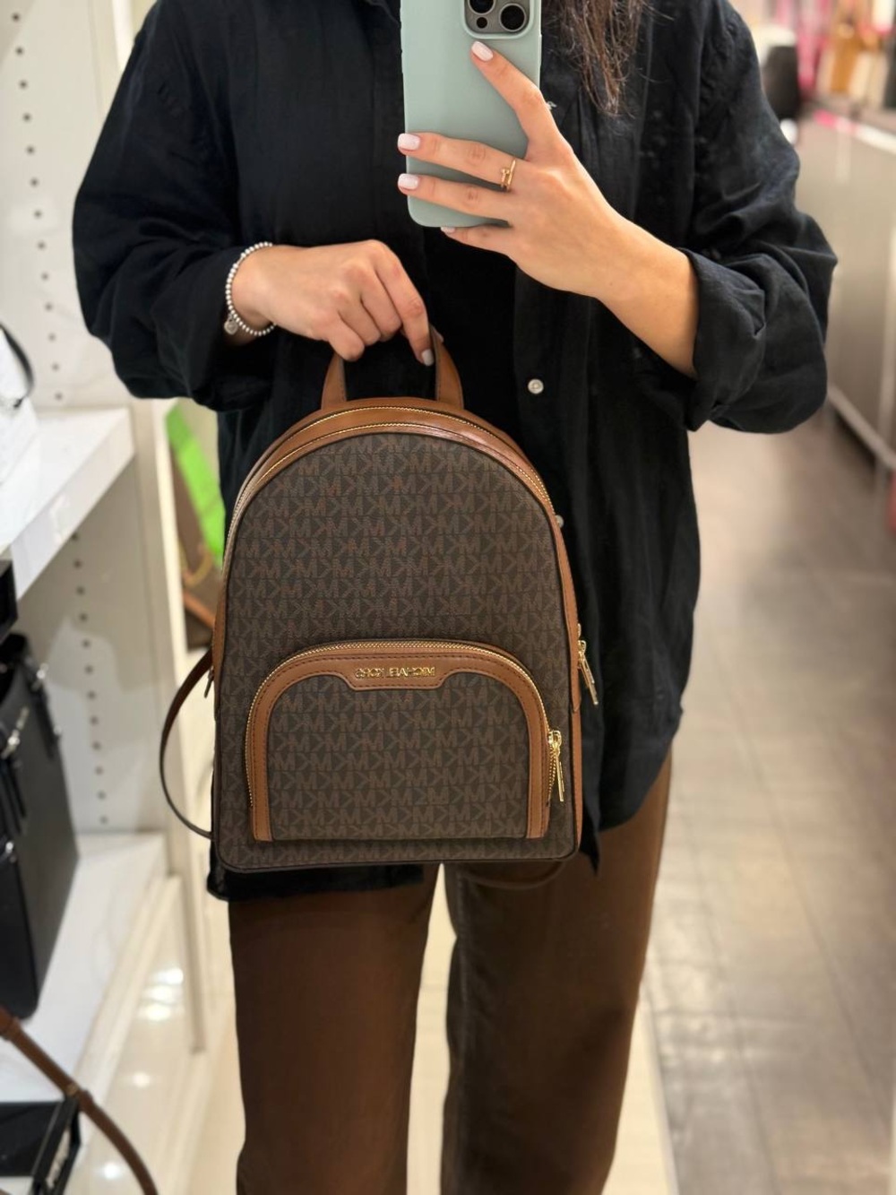 Michael Kors Brown MK Logo Backpack with Tan Trim